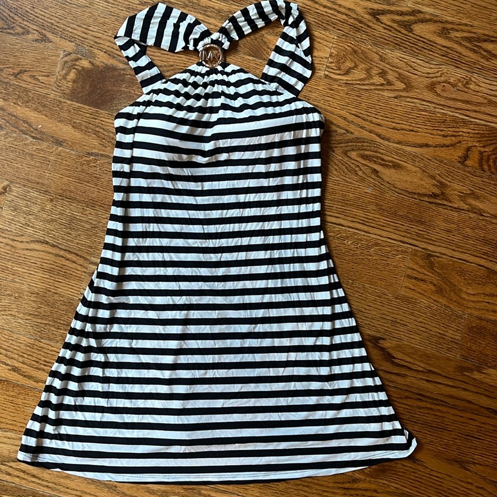 Michael Kors halter dress, built in bra black & white stripe size medium NWOT